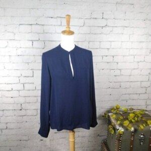 Lumiere Long Sleeve Keyhole Neckline Top Navy Small